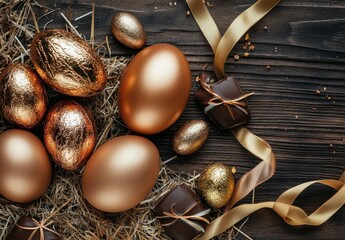 Obraz premium Elegant golden Easter eggs and decorative elements arranged on a rustic wooden surface creating a delightful festive atmosphere for spring celebrations