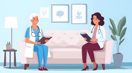 Professional nurse with clipboard assisting senior woman sitting on chair