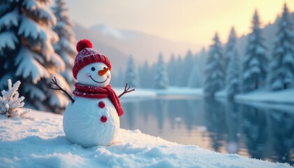 Obraz premium Serene winter landscape with a happy snowman surrounded by snow-covered trees and a frozen lake , peaceful winter, winter wonderland