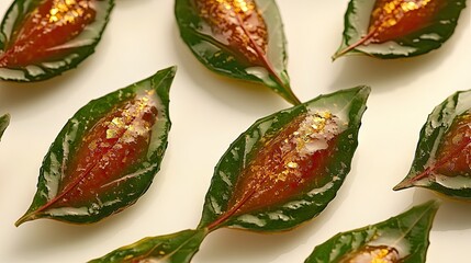 A top-down view of paan leaves coated with gold flakes and exotic syrups.