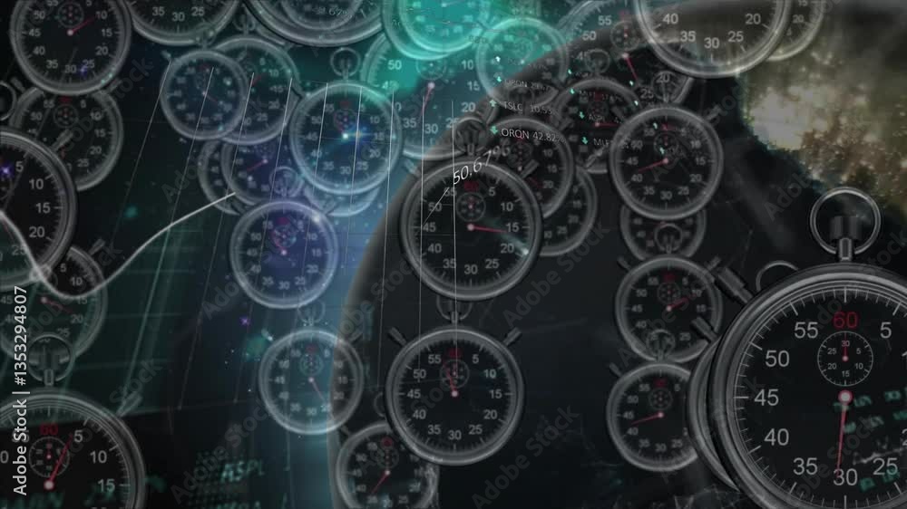 Poster stopwatches overlapping with digital animation of data processing in background