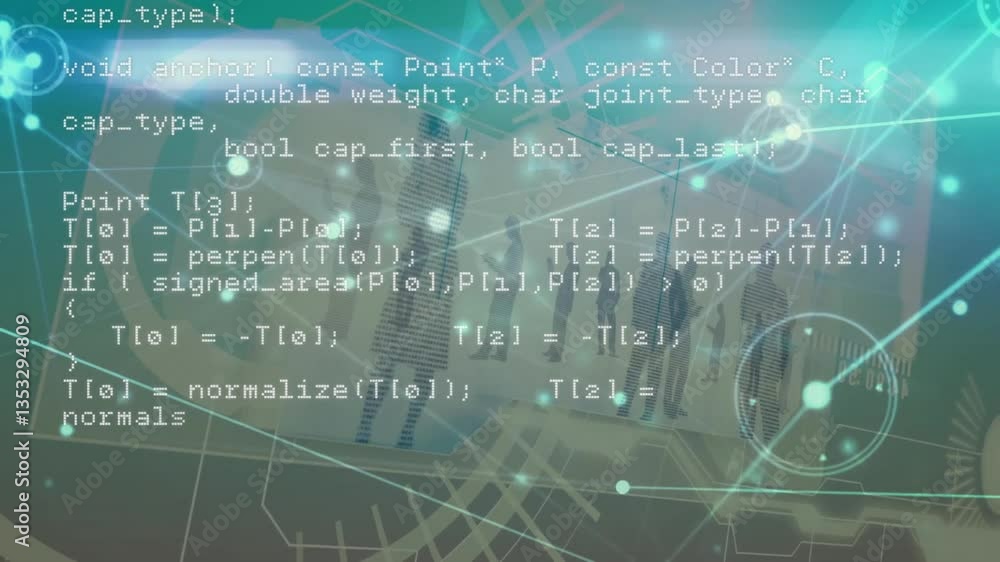 Poster animation of geometric shapes and computer code over digital network background