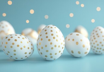 Elegant white eggs with gold dots on a soft blue background, creating a festive atmosphere and perfect for Easter or springtime celebrations, bright and cheerful.