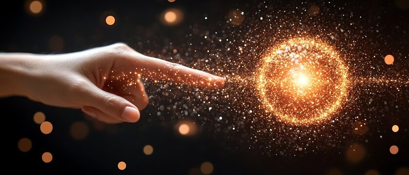 A human hand touches a glowing sphere of light particles