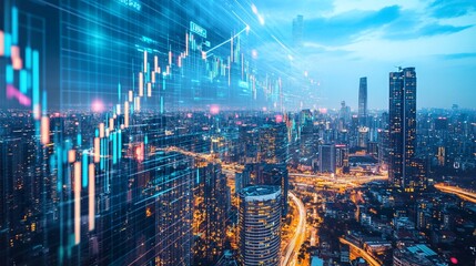 Fototapeta premium Financial trading in a futuristic city with digital data overlay and blue light