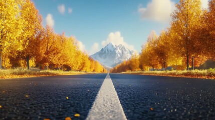 Autumn road trip scenic drive through fall foliage with mountain views and clear blue sky