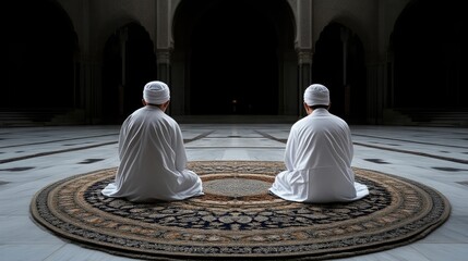 Two men in prayerful posture within a mosque