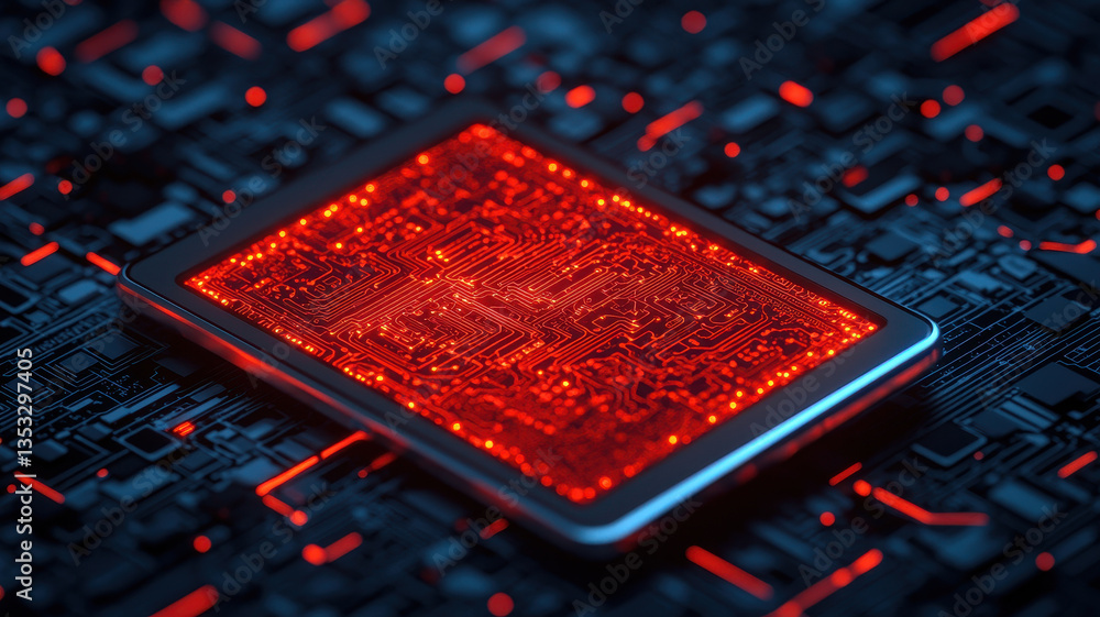 Poster futuristic digital interface with glowing red circuitry on dark background, showcasing advanced tech