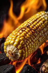 Grilled corn on the cob roasting over open flame — rustic barbecue food, traditional street snack, summer cooking, fire-roasted vegetable, and authentic outdoor cuisine