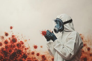 Scientist in hazmat suit examines virus sample in laboratory for vaccine research and development