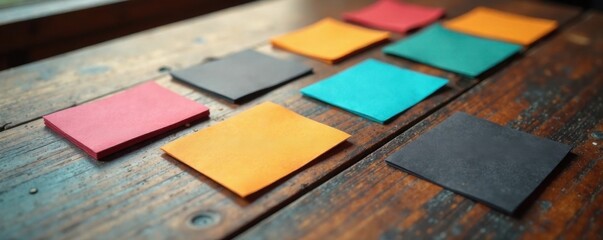 Fototapeta premium Colorful business cards scattered on a wooden desk, desk accessories, paper, wooden desk