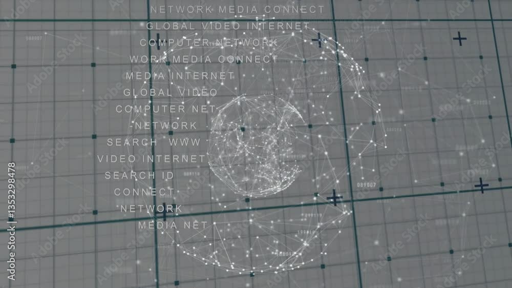 Aufkleber Network of connections and data processing animation over grid background with text