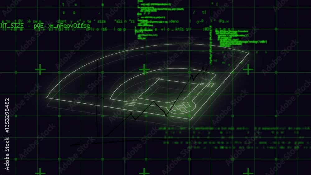 Poster displaying 3d architectural model with data and graphs, futuristic digital interface