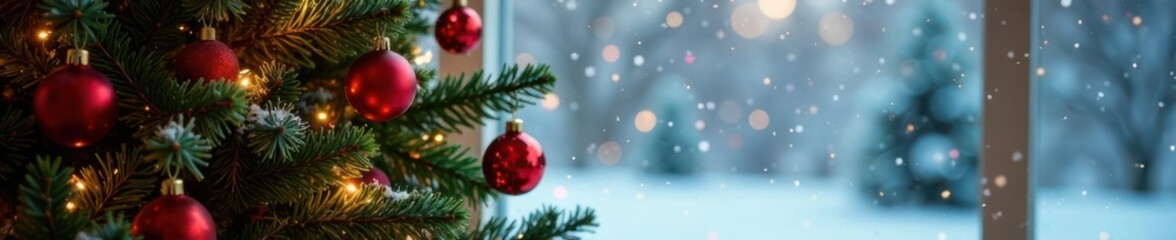 Obraz premium Decorated Christmas Tree Against Snowy Window, snowy window, winter magic, warm glow