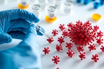 Coronavirus vaccine research and development with syringe and virus models.