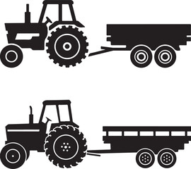 tractor isolated on white background, black silhouette of a tractor pulling a flatbed trailer 