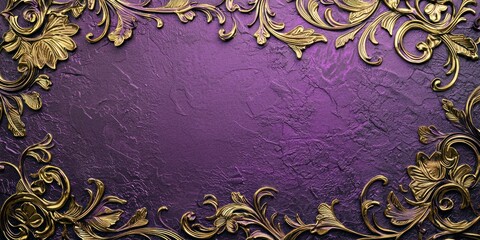 A rich purple and gold invitation card with embossed lettering
