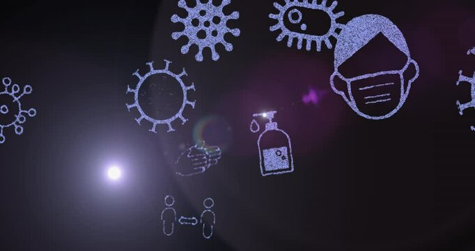 Animation of virus prevention icons with mask, sanitizer, and social distancing symbols