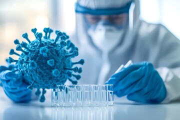 Scientist with virus model and test tubes in laboratory for vaccine research