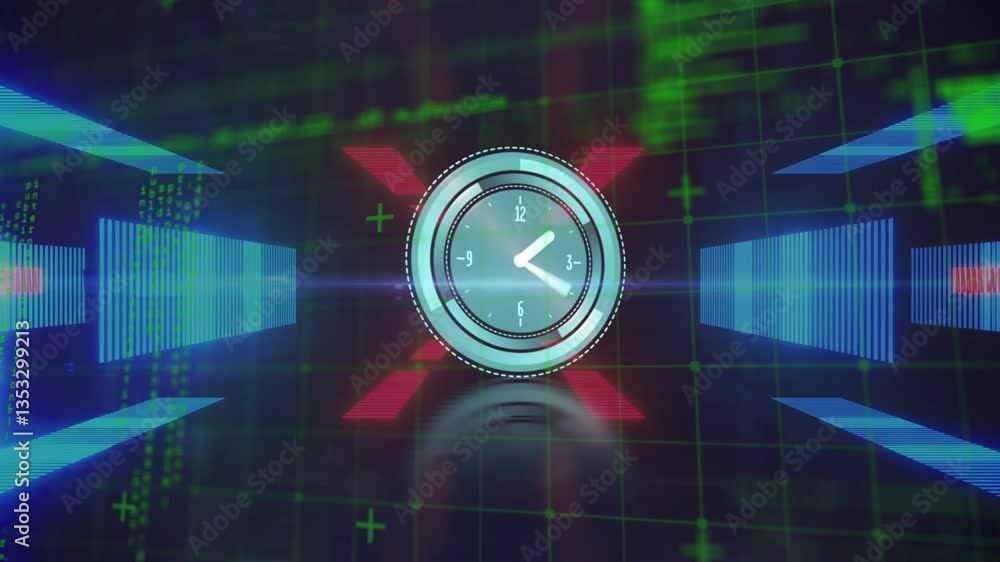 Poster clock animation with digital grid and green data lines in background