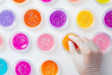 Colorful petri dishes with bacterial cultures being examined in laboratory for research