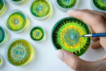 Microbiology research Petri dishes with colorful cultures for medical diagnostics and study