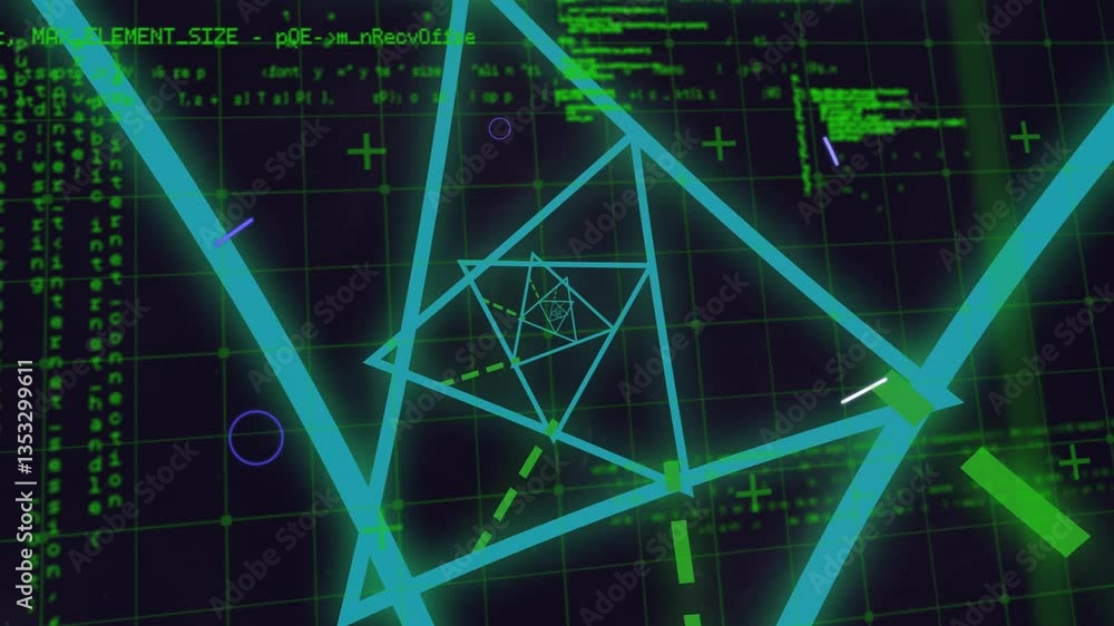 Poster geometric shapes and coding text animation over digital grid background