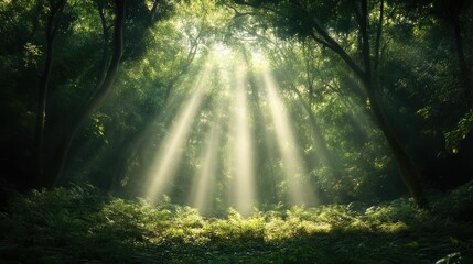 Obraz premium Sunlight streams through lush forest canopy (2)