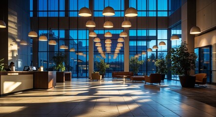 Corporate office lobby with hanging lights casting long shadows at night