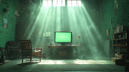Green-lit room with vintage computer and green screen.