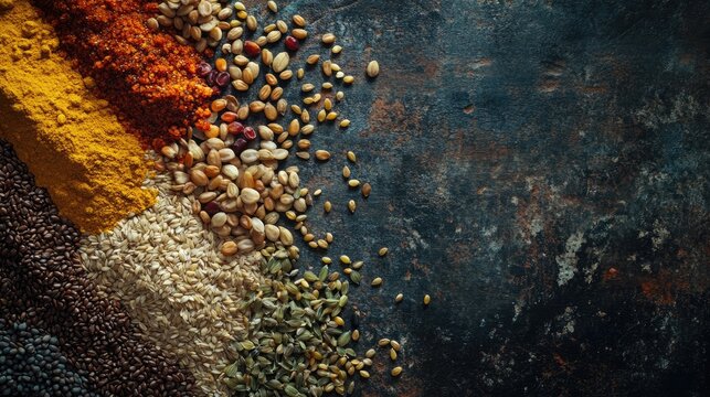 Colorful array of spices and seeds arranged artistically on a textured surface, enhancing culinary creativity