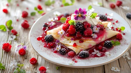 Delicious crepe dessert with fresh berries and whipped cream.