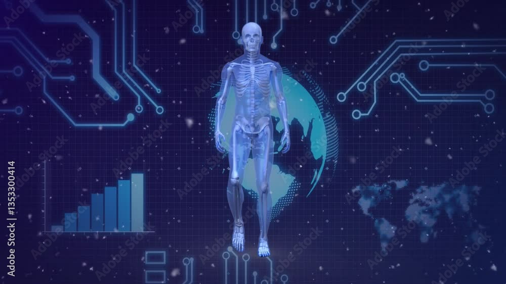 Poster digital skeleton animation over world map and circuit board graphics