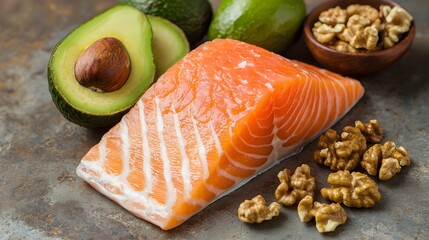 Fresh salmon fillet with avocados and walnuts for healthy eating.