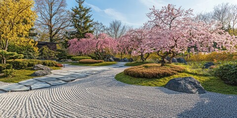 A serene Japanese garden with a path lined by delicate pink cherry blossoms