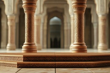 Fototapeta premium Intricate wooden columns stand inside a grand architectural structure beautifully