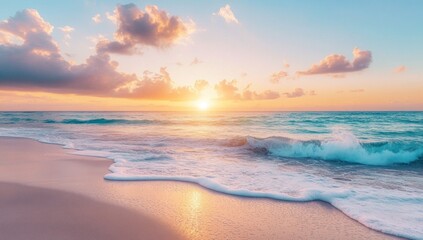 Peaceful sunrise beach scene; waves lapping at the shore; tranquil ocean