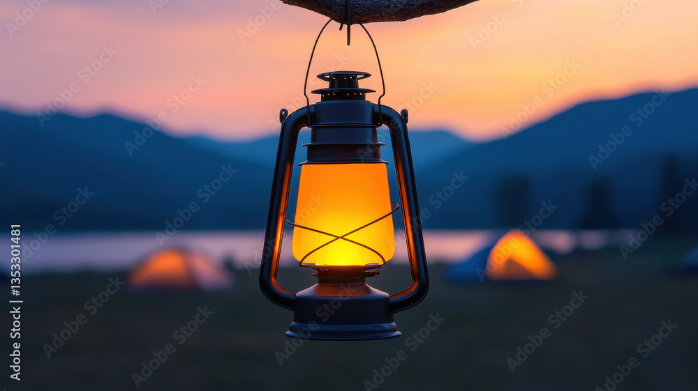 Poster glowing lantern hangs from tree branch, casting warm light in serene camping scene. backdrop feature