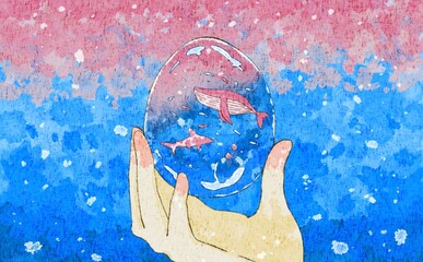 透明なたまごに閉じ込めた海をイメージした水彩背景素材