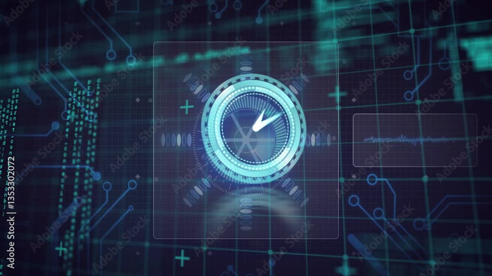 Poster digital animation of circular progress indicator with blue circuit patterns