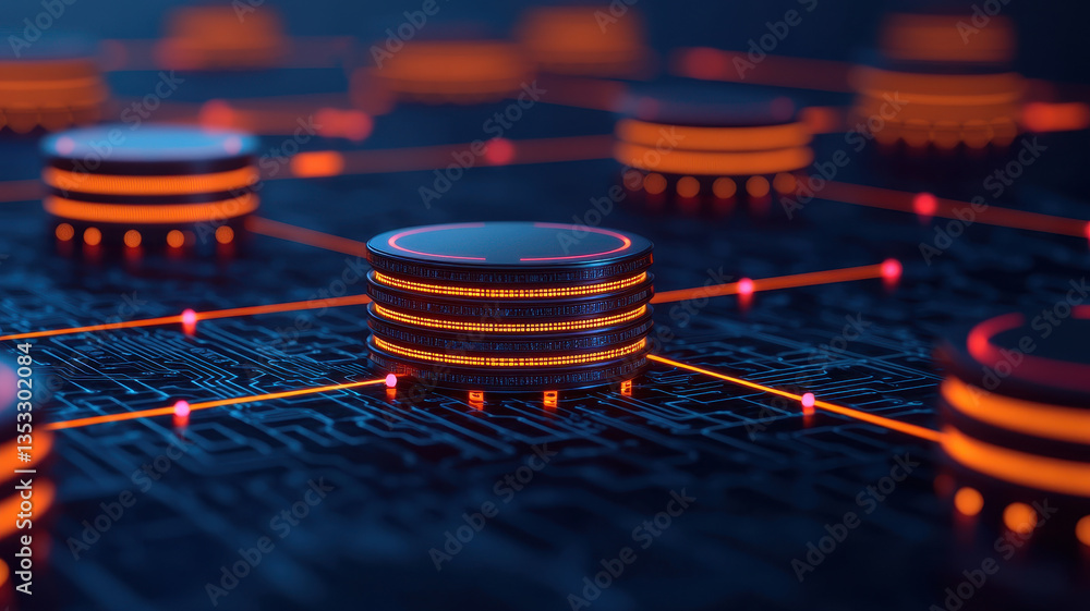 Poster low angle perspective showcasing interconnected cloud storage nodes illuminated with vibrant orange 