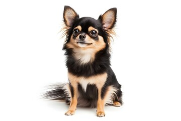 black and tan cream long coated chihuahua isolated over white background