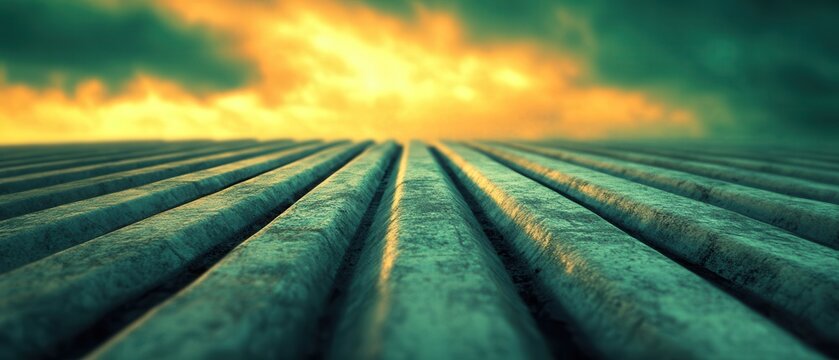 A close-up view of textured parallel lines under a dramatic sky, creating an abstract and moody atmosphere.