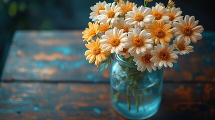 White and yellow daisies in a blue glass jar on a rustic wooden table.