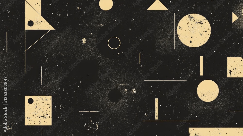 Poster abstract geometric patterns on a dark background, featuring various shapes and textures for artistic