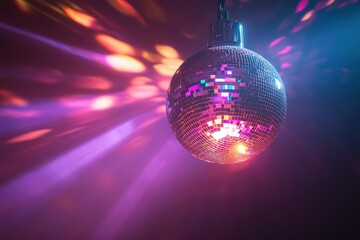 Obraz premium A reflective disco ball hangs illuminating colored light rays