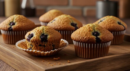 Freshly Baked Blueberry Muffins on a Wooden Tray