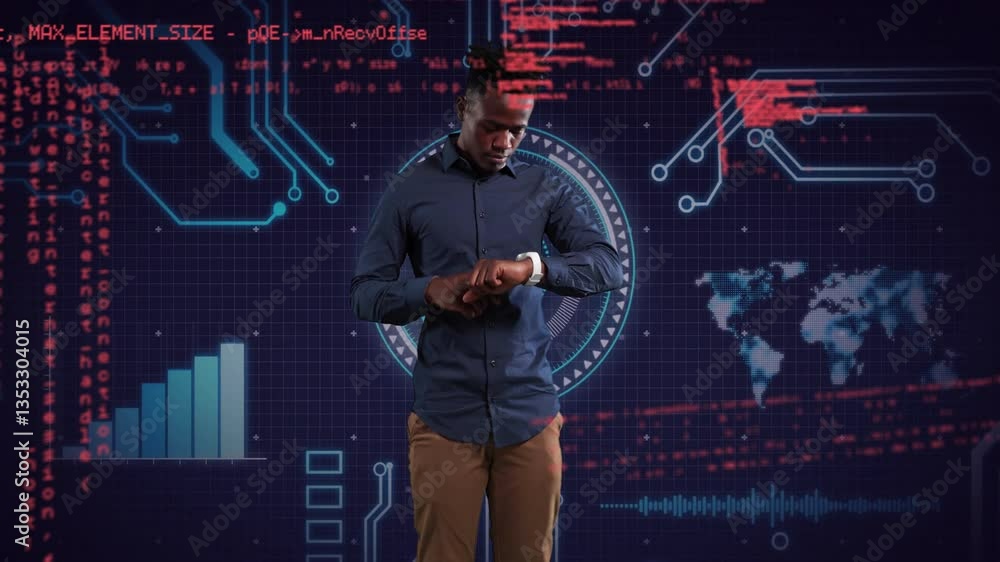 Poster man checking watch over digital data and circuit board animation background