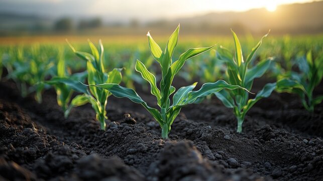 Young corn plants growing in a fertile field at sunset.