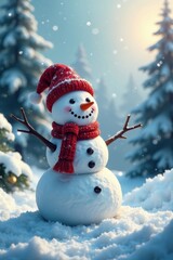 A joyful snowman stands in a picturesque winter wonderland surrounded by snow-covered trees and sparkling icicles , serene landscape, snowy landscape, winter wonderland